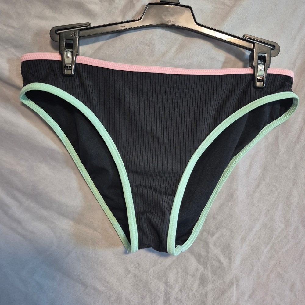 Jessica Simpson Stylish Black Bikini Bottom with Pink and Green Trim Medium Nwt